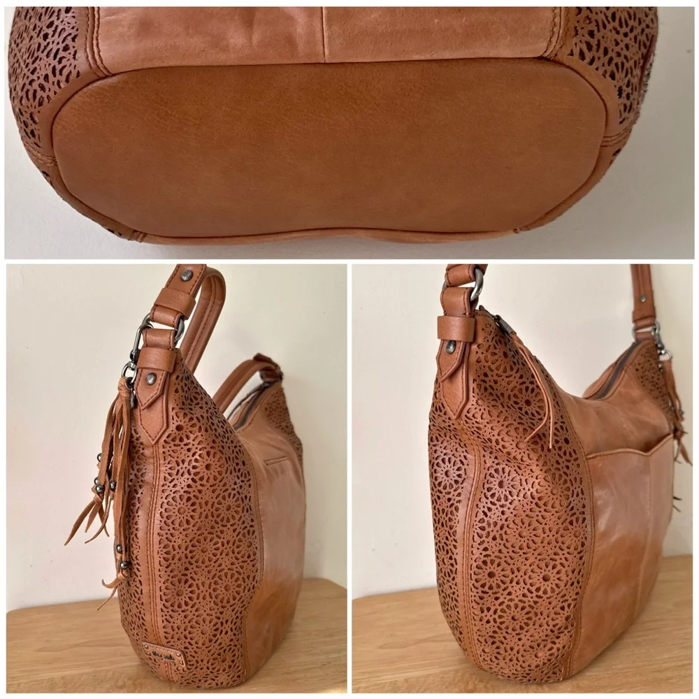 The Sak Leather Sequoia Laser Cut Hobo Shoulder Bucket Bag Tobacco Moroccan Tan
